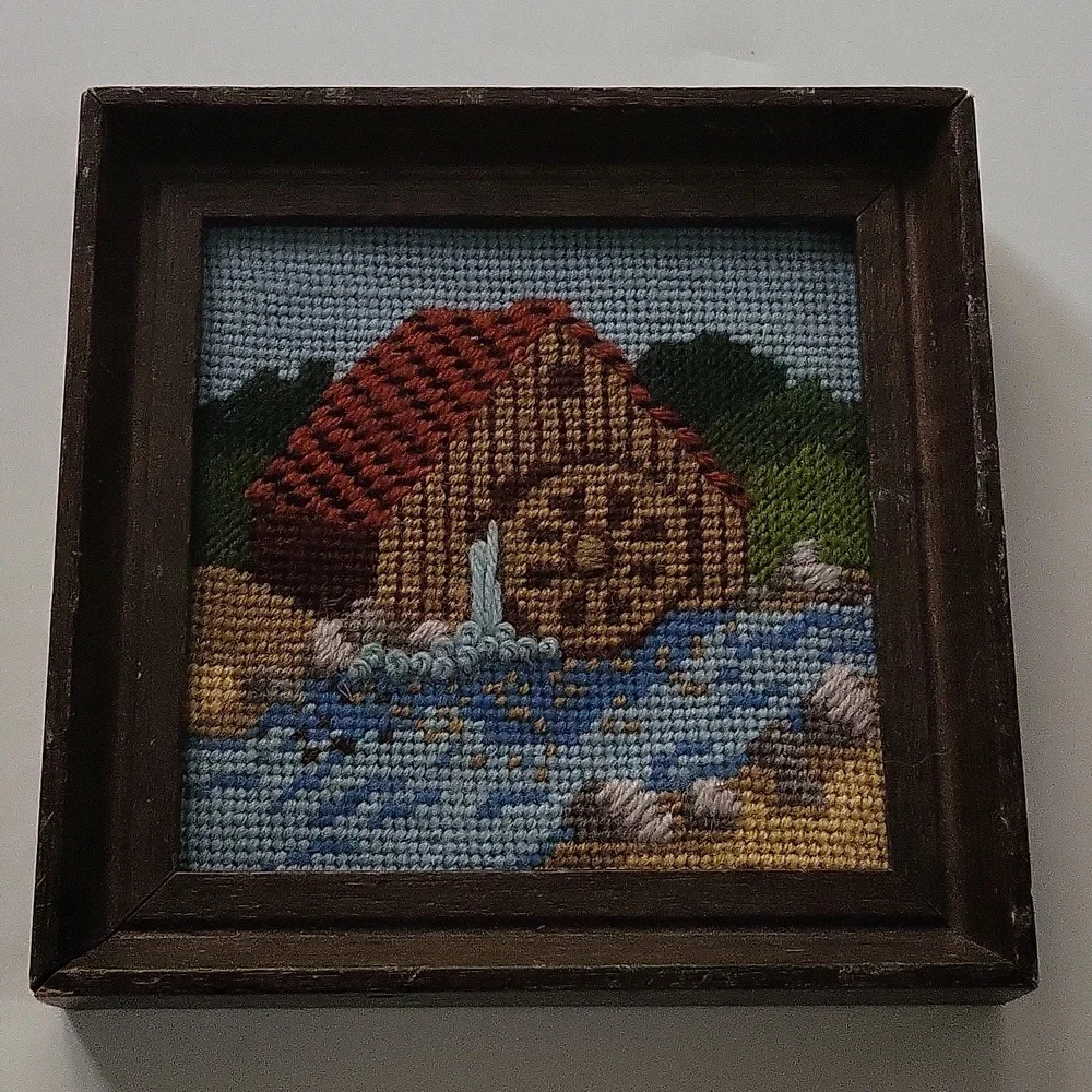 Farmhouse With A Mill Waterwheel In A River Vintage Framed Needlework - Picture 2 of 8